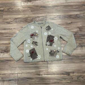 Croft & Barrow Sweater Medium Petite Silk Blend  Zip Bird Christmas Embroidered